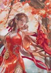Rule 34 | 1girl, arm up, artist request, bare shoulders, breast cutout, brown hair, detached sleeves, facial mark, floating hair, forehead mark, hair ornament, hair rings, highres, huo linger (wanmei shijie), long hair, looking to the side, parted lips, second-party source, solo, teeth, tree, two-tone dress, upper body, wanmei shijie