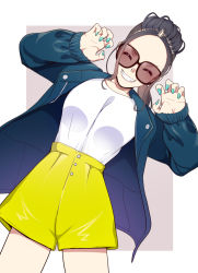 Rule 34 | 1girl, black hair, blue jacket, commentary request, dekapoi, closed eyes, glasses, happy, highres, jacket, long hair, looking at viewer, mohawk, nail polish, original, ponytail, shirt, smile, solo, standing, undercut, white shirt