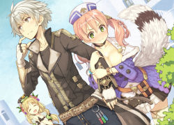Rule 34 | 1boy, 2girls, atelier (series), atelier escha &amp; logy, ayesha altugle, ba kuro, blonde hair, blush, breasts, cleavage, commentary request, embarrassed, escha malier, closed eyes, grabbing, green eyes, hair ornament, logix ficsario, long sleeves, medium breasts, multiple girls, open mouth, pink hair, smile, sweatdrop, twintails, white hair