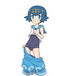 Rule 34 | 10s, 1girl, :o, bare shoulders, blue eyes, blue hair, blue one-piece swimsuit, blue pants, blush, child, clothes lift, clothes pull, collarbone, covered navel, creatures (company), embarrassed, flat chest, flipped hair, game freak, hairband, highres, lana (pokemon), legs apart, lifted by self, looking at viewer, matching hair/eyes, nintendo, old school swimsuit, one-piece swimsuit, pants, pants pull, pokemon, pokemon sm, pulled by self, sailor collar, school swimsuit, shirt, shirt lift, short eyebrows, short hair, sidelocks, simple background, sleeveless, sleeveless shirt, solo, standing, surprised, swimsuit, swimsuit under clothes, undressing, white background, white shirt, yakihebi