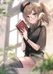 Rule 34 | 1girl, au ra, beret, black shirt, black vest, book, boots, bracelet, braid, brown eyes, brown hair, brown hat, commission, dragon horns, eyebrows hidden by hair, final fantasy, final fantasy xiv, glasses, grey shorts, grey socks, hat, highres, holding, holding book, horns, indoors, jewelry, kneehighs, light blush, looking at viewer, mini hat, ponytail, ring, round eyewear, scales, shirt, short hair, short sleeves, shorts, sitting, skeb commission, socks, solo, suzumori (su2525), thigh boots, vest, warrior of light (ff14), window shadow