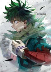 Rule 34 | 1boy, bags under eyes, blurry, blurry background, blurry foreground, boku no hero academia, costume, debris, depth of field, dirty, dirty face, dust cloud, freckles, gloves, green eyes, green hair, green jumpsuit, hands up, highres, jumpsuit, light rays, midoriya izuku, parted lips, red sleeves, serious, short hair, solo, tonbanlove, torn clothes, upper body, white gloves, wind