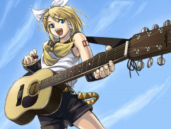 Rule 34 | 1girl, acoustic guitar, blonde hair, blue eyes, day, guitar, instrument, kagamine rin, minarai zouhyou, sky, solo, vocaloid