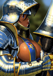 Rule 34 | 1girl, armor, black hairband, blue eyes, blurry, blurry background, cessa, cloud, cloudy sky, couter, dark-skinned female, dark skin, dirty, dirty face, gauntlets, hairband, helmet, holding, holding polearm, holding weapon, knight, lance, original, outdoors, pauldrons, polearm, red lips, reflection, shoulder armor, sky, solo, sun, sweat, teeth, upper body, vambraces, weapon