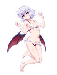Rule 34 | 1girl, bad id, bad twitter id, bare arms, bare legs, bare shoulders, barefoot, bat wings, bikini, black wings, breasts, collarbone, commentary request, frilled bikini, frilled bikini, frills, full body, hair between eyes, hands up, head tilt, jpeg artifacts, light purple hair, micro bikini, navel, ootsuki wataru, pink eyes, red bikini, remilia scarlet, short hair, simple background, small breasts, smile, solo, stomach, swimsuit, touhou, white background, white bikini, wings