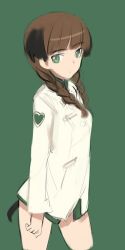 Rule 34 | 1girl, animal ears, bottomless, braid, brown hair, cowboy shot, green background, green eyes, hanna philine, heart, jacket, long hair, long sleeves, military, military uniform, shimada fumikane, simple background, solo, strike witches, tail, twin braids, uniform, world witches series