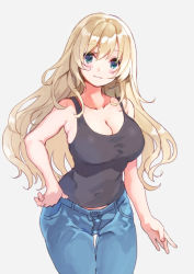 Rule 34 | 1girl, alternate costume, atago (kancolle), black tank top, blonde hair, blue eyes, blue pants, breasts, cleavage, commentary request, commission, cowboy shot, denim, hand on own hip, jeans, kantai collection, large breasts, long hair, looking at viewer, mitsuyo (mituyo324), pants, smile, solo, standing, tank top