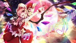 Rule 34 | 1girl, absurdres, blonde hair, bow, commentary request, crystal wings, fang, flandre scarlet, hat, highres, holding, holding microphone, index finger raised, looking at viewer, microphone, mob cap, musical note, nanamiyuki, one eye closed, one side up, open mouth, red eyes, red nails, red skirt, red vest, skirt, sky, solo, star (sky), starry sky, touhou, vest, white hat, wrist cuffs, yellow bow