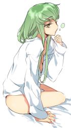 Rule 34 | 1girl, artist name, ass, bare legs, bed sheet, black panties, blush, c.c., closed mouth, code geass, creayus, green hair, half-closed eyes, long hair, looking at viewer, no bra, open clothes, open shirt, panties, revision, shirt, sidelocks, simple background, sitting, sketch, sleepy, sleeves past wrists, solo, thong, tsurime, underwear, very long hair, waking up, white background, white shirt, yellow eyes