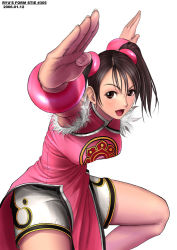 Rule 34 | 1girl, china dress, chinese clothes, dated, dress, ling xiaoyu, namco, pelvic curtain, pink theme, ryu (ryu&#039;s form site), simple background, solo, tekken, twintails
