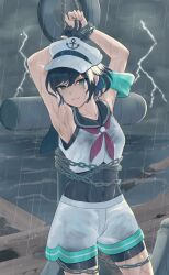 Rule 34 | 1girl, adapted costume, anchor, armpits, arms up, bags under eyes, black hair, blue eyes, bodysuit, chain, covered navel, expressionless, gloves, hat, highres, lightning, looking at viewer, murasa minamitsu, neckerchief, ocean, pusilapusila, rain, red neckerchief, restrained, sailor collar, sailor hat, see-through, shirt, short hair, shorts, single glove, sleeveless, touhou, touhou gensou eclipse, wet, wet clothes, white shirt, white shorts