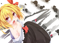 Rule 34 | 1girl, ascot, bad id, bad pixiv id, bare shoulders, blonde hair, blush, bow, breasts, cleavage, dress, embodiment of scarlet devil, fang, female focus, hair bow, looking at viewer, looking up, no bra, off shoulder, ogami kazuki, open mouth, perspective, red eyes, rumia, short hair, solo, touhou