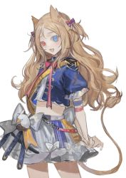 Rule 34 | 1girl, absurdres, animal ears, archetto (arknights), archetto (publicity strategy) (arknights), arknights, blue eyes, blue shirt, bow, bowtie, brown hair, cowboy shot, cropped shirt, epaulettes, fang, heterochromia, highres, liangban xiexu, lion ears, lion girl, lion tail, long hair, looking at viewer, midriff, official alternate costume, open mouth, pink bow, pink bowtie, red eyes, shirt, short sleeves, simple background, skin fang, skirt, solo, tail, wavy hair, white background, white skirt