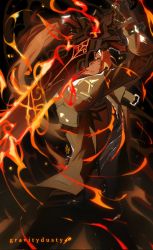Rule 34 | 1boy, artist name, black gloves, black jacket, black suit, cowboy shot, diluc (genshin impact), fighting stance, fire, formal, genshin impact, gloves, gravitydusty, hair between eyes, highres, holding, holding sword, holding weapon, jacket, long hair, looking at viewer, male focus, ponytail, red eyes, red hair, solo, suit, sword, weapon
