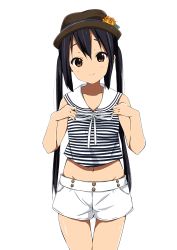 Rule 34 | 1girl, bad id, bad pixiv id, black hair, blouse, blush, bound, brown eyes, hat, highres, k-on!, long hair, midriff, nakano azusa, navel, official style, ragho no erika, shirt, shorts, smile, solo, striped clothes, striped shirt, tied up