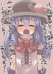 Rule 34 | 1girl, arms behind back, blue hair, bow, crying, crying with eyes open, closed eyes, female focus, food, fruit, gaoo (frpjx283), hat, hinanawi tenshi, long hair, masochism, open mouth, peach, solo, tears, touhou, translation request