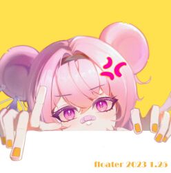 Rule 34 | 1girl, absurdres, anger vein, animal ears, arknights, artist name, bandaid, bandaid on face, bandaid on nose, black hairband, blush, dated, diamond in eye, earrings, floater (floater80012059), hairband, highres, jewelry, lin (arknights), looking at viewer, mouse ears, mouse girl, peeking, pink hair, portrait, purple eyes, simple background, solo, tassel, tassel earrings, yellow background, yellow nails