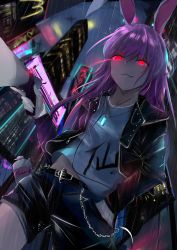 Rule 34 | &gt;:), 1girl, absurdres, alternate costume, animal ears, belt, belt buckle, black jacket, black shorts, buckle, carrot, chain, city, city lights, cyberpunk, dleung, earphones, gloves, glowing, glowing eyes, grin, hand in pocket, highres, holding, holding megaphone, index finger raised, jacket, jewelry, leather, leather jacket, long hair, looking at viewer, megaphone, midriff peek, neon lights, night, no pupils, pendant, purple hair, rabbit ears, red eyes, reisen udongein inaba, shirt, shorts, smile, solo, spray can, touhou, white gloves, white shirt, zipper pull tab