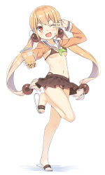 Rule 34 | 1girl, arm up, bikini, bikini under clothes, black skirt, blush, breasts, brown bikini, chinese commentary, commentary request, covered navel, cup, disposable cup, full body, green neckerchief, hair bobbles, hair ornament, hatsunatsu, highleg, highleg bikini, highres, holding, holding cup, light brown hair, long hair, long sleeves, looking at viewer, low twintails, navel, neckerchief, one eye closed, open mouth, outstretched arm, pleated skirt, sailor collar, shadow, shrug (clothing), skirt, slippers, small breasts, solo, standing, standing on one leg, sweat, swimsuit, twintails, v-shaped eyebrows, v over eye, very long hair, white background, white footwear, white sailor collar, xiaoyuan (you can eat the girl), you can eat the girl