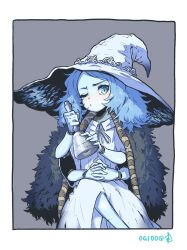 Rule 34 | 1girl, absurdres, bell, blue eyes, blue hair, blue skin, blush, cloak, colored skin, commentary request, crossed legs, doll joints, dress, elden ring, extra arms, fur cloak, handbell, hat, hat ornament, highres, holding, holding bell, interlocked fingers, joints, long hair, looking at viewer, ogidoge, one eye closed, own hands together, ranni the witch, solo, white dress, witch hat