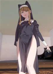 Rule 34 | 1girl, black dress, brown hair, character request, copyright request, dress, fake horns, feet out of frame, from below, habit, highres, horned headwear, horns, looking at viewer, nun, pelvic curtain, solo, subachi