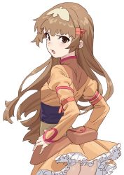 Rule 34 | 1girl, ass, bag, brown eyes, brown hair, dress, frilled dress, frills, from behind, long hair, long sleeves, looking at viewer, michitaro smile, no panties, open mouth, orange dress, re mii, simple background, solo, white background, zoids, zoids genesis