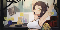 Rule 34 | 1girl, :o, arm behind head, armpits, black collar, black hair, breasts, cleavage, collar, green eyes, hair behind ear, highres, looking at viewer, mahou arms, medium breasts, one eye closed, open mouth, photo (object), portrait, short hair, solo, sports bra, stretching, susan (mahou arms), white sports bra, xiaociiao