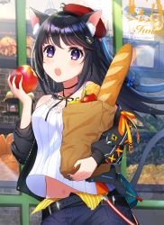 Rule 34 | 1girl, :o, animal ear fluff, animal ears, apple, bag, baguette, belt, belt buckle, beret, black belt, black hair, black jacket, black ribbon, blue nails, blue pants, blush, bread, breasts, buckle, camisole, cat ears, cat girl, cat tail, commentary request, day, denim, fingernails, food, fruit, green nails, hair between eyes, hand up, hat, highres, holding, holding bag, holding food, jacket, jeans, long hair, long sleeves, looking at viewer, midriff peek, multicolored nails, nail polish, navel, neck ribbon, off shoulder, omelet tomato, open mouth, original, outdoors, pants, paper bag, puffy long sleeves, puffy sleeves, purple eyes, purple nails, red apple, red hat, red nails, ribbon, shopping bag, small breasts, solo, standing, tail, teeth, upper teeth only, very long hair, white camisole, window