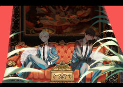 Rule 34 | 2boys, black hair, black jacket, black necktie, black pants, blue jacket, blue pants, blurry, blurry foreground, closed mouth, collared shirt, commentary request, couch, crossed legs, curtains, feet out of frame, formal, grey hair, hand in pocket, highres, indoors, inuzumi shibahiko, jacket, kowata shunki, letterboxed, long sleeves, male focus, mege (megechan), multiple boys, necktie, on couch, original, painting (object), pants, parted lips, red eyes, shirt, short hair, sitting, smile, suit, suit jacket, watch, white shirt, wristwatch
