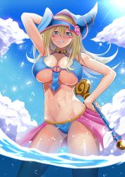 Rule 34 | 1girl, arm behind head, arm up, armpits, bare shoulders, bikini, blonde hair, blue bikini, blue hat, blue sky, blush, blush stickers, breasts, cleavage, cloud, collarbone, commentary request, cowboy shot, dark magician girl, day, duel monster, gluteal fold, green eyes, grin, groin, hair between eyes, hat, highres, holding, holding wand, large breasts, long hair, looking at viewer, muto dt, navel, o-ring, o-ring bikini, ocean, partially underwater shot, pink skirt, showgirl skirt, sidelocks, skirt, sky, smile, solo, sparkle, standing, stomach, swimsuit, teeth, underboob, wading, wand, water drop, wizard hat, yu-gi-oh!