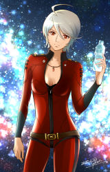 Rule 34 | 1girl, 2020, ahoge, bodysuit, bottle, breasts, cleavage, closed mouth, collarbone, cowboy shot, dated, hair between eyes, holding, holding bottle, jewelry, medium breasts, necklace, open bodysuit, open clothes, partially unzipped, pilot suit, red bodysuit, red eyes, short hair, signature, silver hair, smile, solo, standing, uchuu senkan yamato, uchuu senkan yamato 2199, water bottle, yamamoto akira, yokon2199