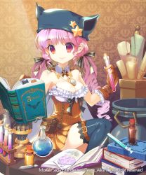 Rule 34 | 1girl, alchemy, book, bookmark, breasts, cleavage, dress, flask, gloves, hat, highres, long hair, medium breasts, mintchoco (orange shabette), open book, original, pink hair, red eyes, scroll, smile, solo, star (symbol), test tube, thighhighs, twintails