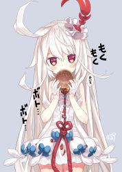 Rule 34 | 10s, 1girl, artist name, bad id, bad pixiv id, bare shoulders, blush stickers, capriccio, check translation, cheese burger, choko (last period), dress, food, food on clothes, gloves, grey background, hair ornament, burger, head tilt, heart, hibanar, holding, holding food, ketchup, last period, long hair, looking at viewer, messy, red eyes, simple background, sleeveless, sleeveless dress, solo, speech bubble, thigh gap, translated, translation request, very long hair, white dress, white gloves, white hair