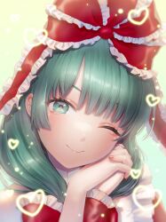 Rule 34 | 1girl, bow, close-up, dress, green eyes, green hair, hair bow, heart, highres, kageharu, kagiyama hina, looking at viewer, multicolored background, one eye closed, own hands together, red bow, red dress, smile, solo, touhou