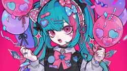 Rule 34 | 1girl, aqua bow, aqua hair, balloon, black bow, black choker, black vest, bow, bowtie, bracelet, choker, facial mark, frilled hairband, frills, hair ornament, hairband, hairclip, hatsune miku, heart, heart-shaped pupils, heart facial mark, heart hair ornament, highres, holding, holding balloon, jewelry, jirai kei, jpeg artifacts, long hair, long sleeves, looking at viewer, multicolored hair, nail polish, open mouth, photo (object), pink background, pink bow, pink bowtie, pink eyes, pink hair, pink nails, polka dot, polka dot bow, puffy long sleeves, puffy sleeves, rotated, simple background, solo, spiked hairband, spikes, streaked hair, symbol-shaped pupils, tira 27, upper body, vest, vocaloid