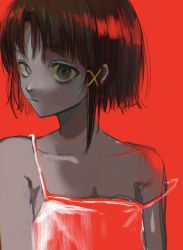Rule 34 | 1girl, bad id, bad twitter id, bags under eyes, bare shoulders, camisole, collarbone, empty eyes, expressionless, eye reflection, flat chest, hair ornament, highres, iniooooo, iwakura lain, looking at viewer, parted lips, profile, raised eyebrow, red camisole, reflection, serial experiments lain, short hair, sidelocks, single sidelock, solo, spaghetti strap, strap slip, x hair ornament