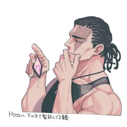 Rule 34 | 1boy, alternate hairstyle, black hair, black tank top, blush, casual, cropped torso, from side, holding, jujutsu kaisen, male focus, muscular, muscular male, pectorals, short hair, sideburns, sidepec, smile, solo, tank top, toudou aoi (jujutsu kaisen), translation request, white background, youhe hino