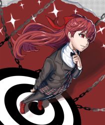 Rule 34 | 1girl, artist request, black bow, black bowtie, black jacket, black pantyhose, blazer, bow, bowtie, brown eyes, eyelashes, from above, full body, hair bow, jacket, long hair, pantyhose, persona, persona 5, persona 5 the royal, ponytail, red bow, red eyes, red hair, school uniform, shuujin academy school uniform, simple background, smile, solo, standing, upper body, yoshizawa kasumi