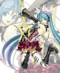 Rule 34 | 1girl, armpits, ass, blue eyes, blue hair, blue nails, boots, detached sleeves, guitar, hatsune miku, headphones, instrument, jumping, legs, long hair, matching hair/eyes, nail polish, nakabayashi reimei, open mouth, panties, smile, solo, thigh boots, thighhighs, twintails, underwear, upskirt, very long hair, vocaloid, zoom layer