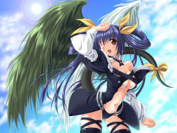 Rule 34 | 1girl, arc system works, asymmetrical wings, blush, dizzy (guilty gear), guilty gear, hair rings, highres, noritama (gozen), one eye closed, ribbon, smile, solo, tail, tail ornament, tail ribbon, thighhighs, wallpaper, wings, wink
