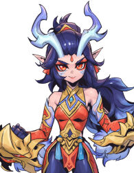 Rule 34 | 1girl, bare shoulders, black hair, black pants, breasts, clenched hands, detached sleeves, gem, horns, immortal journey shyvana, league of legends, medium breasts, official alternate costume, pants, phantom ix row, pointy ears, ponytail, red eyes, shiny skin, shyvana, simple background, smile, solo, white background