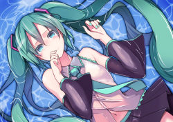 Rule 34 | 1girl, aqua eyes, aqua hair, black skirt, black sleeves, blush, commentary request, detached sleeves, green hair, hair between eyes, hair ornament, hatsune miku, highres, in water, long hair, looking at viewer, necktie, pon (shind 997), shirt, skirt, sleeveless, sleeveless shirt, smile, solo, tearing up, twintails, upper body, very long hair, vocaloid, water, wet, wet clothes