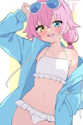 Rule 34 | 1girl, absurdres, bikini, blue archive, blue eyes, blue jacket, eyewear on head, fang, flat chest, frilled bikini, frills, hair between eyes, hair bobbles, hair ornament, halo, heterochromia, highres, hoshino (blue archive), hoshino (swimsuit) (blue archive), jacket, long hair, looking at viewer, low twintails, navel, off shoulder, official alternate costume, open clothes, open jacket, open mouth, pink hair, pink halo, qusouzu mogari, skin fang, solo, sunglasses, swimsuit, twintails, two-tone background, white background, white bikini, yellow background, yellow eyes