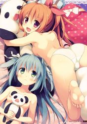 Rule 34 | 2girls, :3, :d, absurdres, ass, bare legs, bare shoulders, barefoot, blue hair, breast press, breasts, brown hair, cameltoe, hugging doll, fang, feet, green eyes, hair ribbon, highres, kurano ema, kurano kun chi no futago jijou, kurano mikoto, long hair, lying, multiple girls, navel, nipples, nude, hugging object, on back, on stomach, open mouth, panties, ponytail, purple eyes, ribbon, scan, siblings, sisters, small breasts, smile, soles, stuffed toy, suimya, toes, topless, trefoil, two side up, underwear, white panties