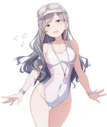 Rule 34 | 1girl, blush, breasts, cleavage, covered navel, eitopondo, eyewear on head, grey hair, idolmaster, idolmaster shiny colors, long hair, looking at viewer, medium breasts, one-piece swimsuit, open mouth, purple eyes, simple background, solo, sunglasses, swimsuit, visor cap, whistle, whistle around neck, white background, white one-piece swimsuit, yukoku kiriko