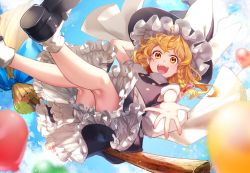 Rule 34 | 1girl, absurdres, arm behind head, balloon, black footwear, blonde hair, bloomers, bow, braid, broom, broom riding, cloud, day, flying, hair bow, hat, hat bow, heart balloon, highres, jill 07km, kirisame marisa, looking at viewer, mary janes, open mouth, outdoors, outstretched hand, shoes, short sleeves, single braid, sky, socks, solo, symbol-only commentary, teeth, touhou, underwear, upper teeth only, vest, witch hat, yellow eyes