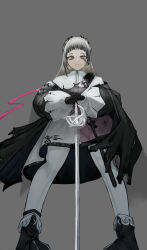 Rule 34 | 1girl, absurdres, arknights, black dress, black footwear, black gloves, boots, dress, from behind, gloves, grey background, grey hair, head wings, highres, irene (arknights), long hair, long sleeves, looking at viewer, looking down, multicolored clothes, multicolored dress, nero (nero nyam), pantyhose, pink dress, pink ribbon, planted, planted sword, planted weapon, ribbon, scabbard, sheath, simple background, solo, sword, weapon, white dress, white pantyhose, wings