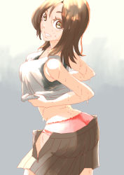 Rule 34 | 1girl, breasts, brown eyes, brown hair, clothes lift, din (pixiv25800872), from above, grey background, grey shirt, looking at viewer, looking back, looking up, midriff, nervous sweating, original, panties, parted bangs, parted lips, partially unzipped, shirt, shirt lift, simple background, skirt, sleeveless, small breasts, stained clothes, summer, sweat, sweaty clothes, underwear, very sweaty