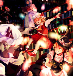 Rule 34 | 5girls, absurdres, apron, ascot, bad id, bad pixiv id, blonde hair, book, bookshelf, capelet, clenched teeth, crystal, danmaku, dress, fingernails, flandre scarlet, flying, gloves, glowing, glowing eyes, hat, hat ribbon, highres, huang gua, kirisame marisa, library, long fingernails, long sleeves, mary janes, mob cap, multiple girls, multiple persona, nail polish, open book, open mouth, orange eyes, orange hair, outstretched arms, patchouli knowledge, puffy sleeves, purple hair, red eyes, ribbon, shirt, shoes, short sleeves, sitting, skirt, skirt set, smile, socks, teeth, touhou, vest, waist apron, white legwear, wings, witch hat, wrist cuffs