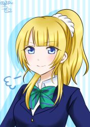 Rule 34 | &gt;:), 10s, 1girl, alternate hairstyle, artist name, ayase eli, blazer, blonde hair, blue eyes, blunt bangs, bow, bowtie, green bow, green bowtie, jacket, love live!, love live! school idol project, ponytail, puff of air, ribbon, ric. (marchen mozuku), scrunchie, sidelocks, solo, striped background, striped bow, striped bowtie, striped clothes, striped neckwear, twitter username, uniform, upper body, v-shaped eyebrows, vertical stripes